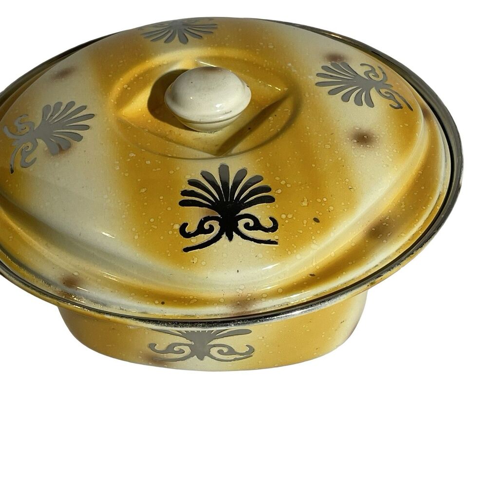 Small Yellow and White Enamel Dish With Lid 6" Diameter Silver Floral Design